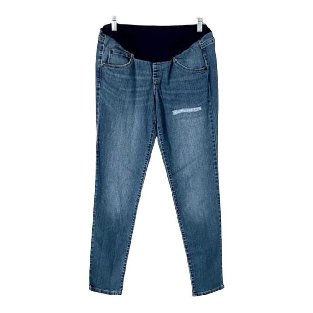 🌺 A:Glow Maternity Distressed Medium Wash Slim Skinny Fit Pull On Jeans Size 10